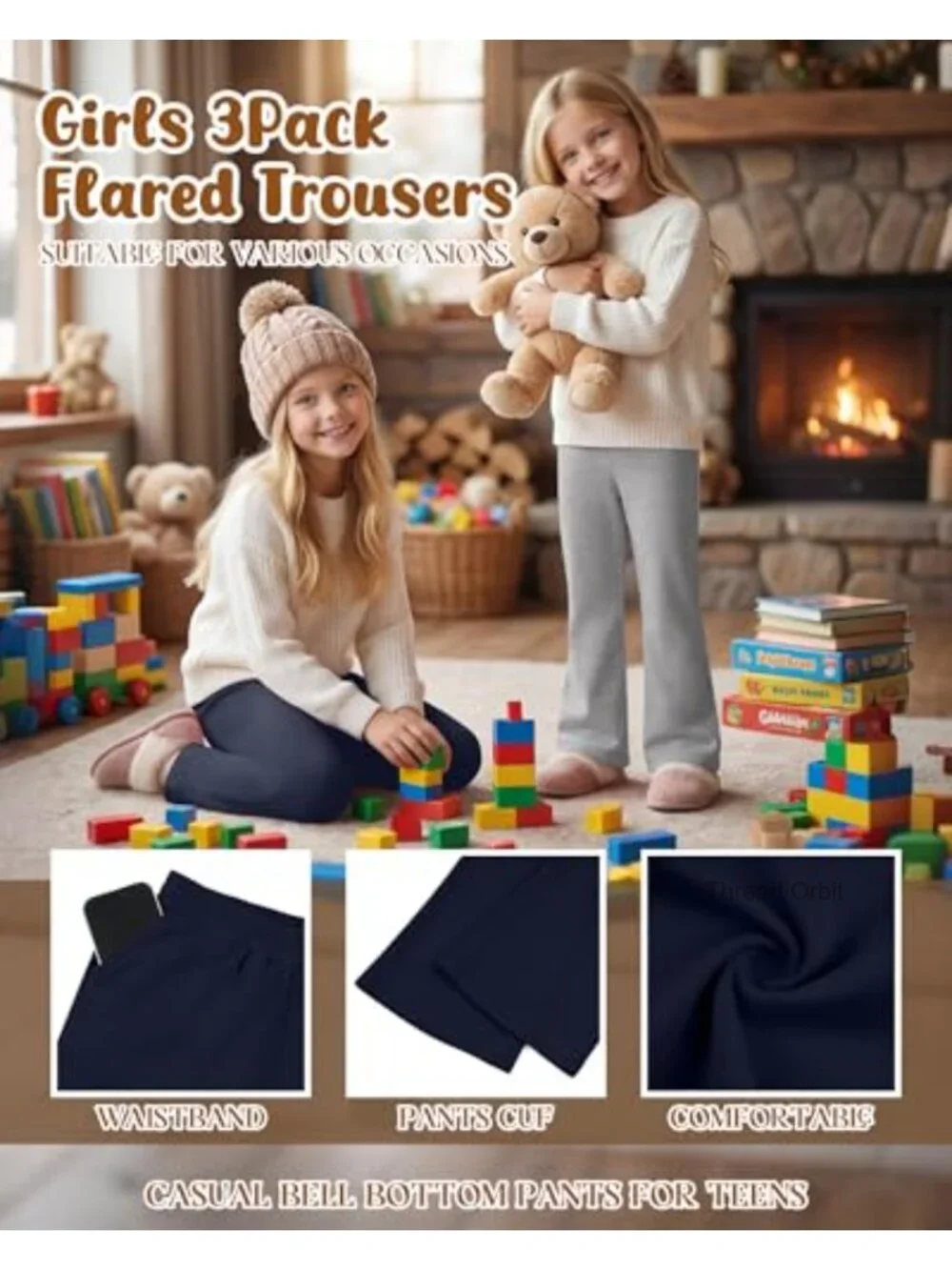 3 Pack Girls Uniform Flared Sweatpants Elastic Waist Bell Bottom Casual